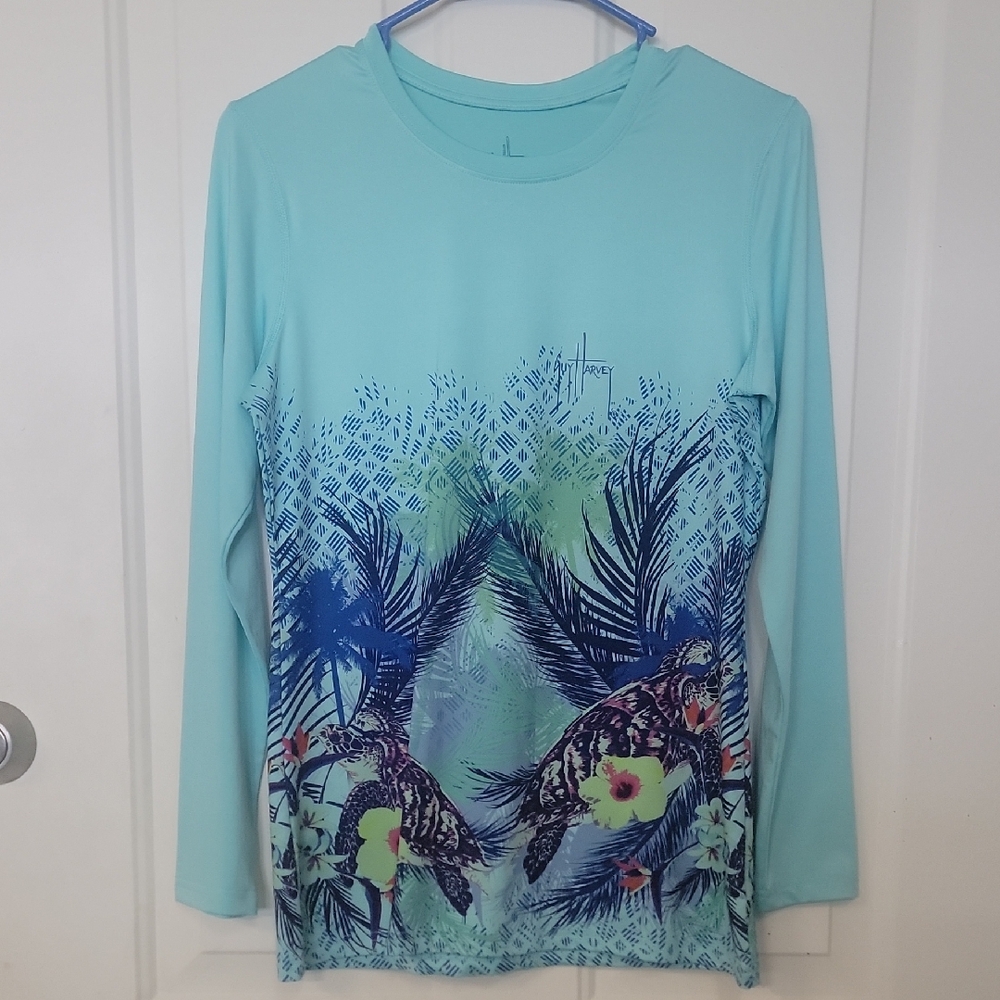 Guy Harvey Teal Long Sleeve with Tropical Design